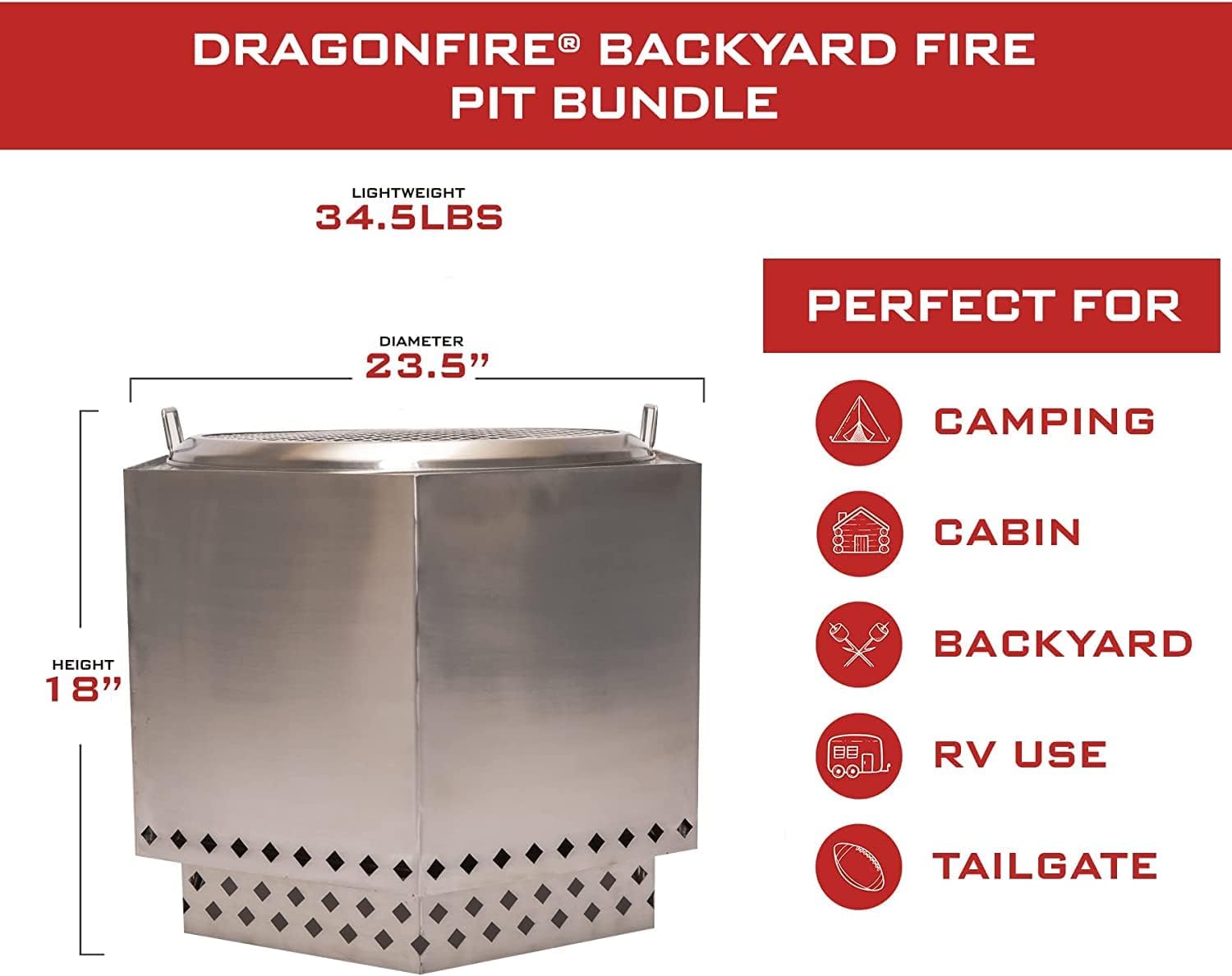 Dragonfire Smokeless Firepit, Accessories Included: Grill Grate, Base Stand, and Weatherproof Cover. Wood Pellet/Log Burning Large Outdoor Fire Pit. Stainless Steel, 23.5 Inch Backyard Patio Size.