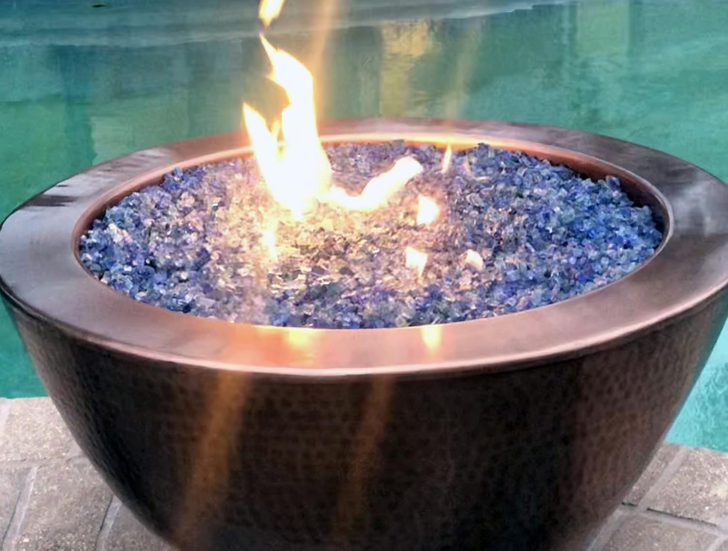 26 Inch Hammered Copper Bowl Round Propane or Natural Gas Fire Pit with 12 inch Diameter Burner Ring 92,000 BTU