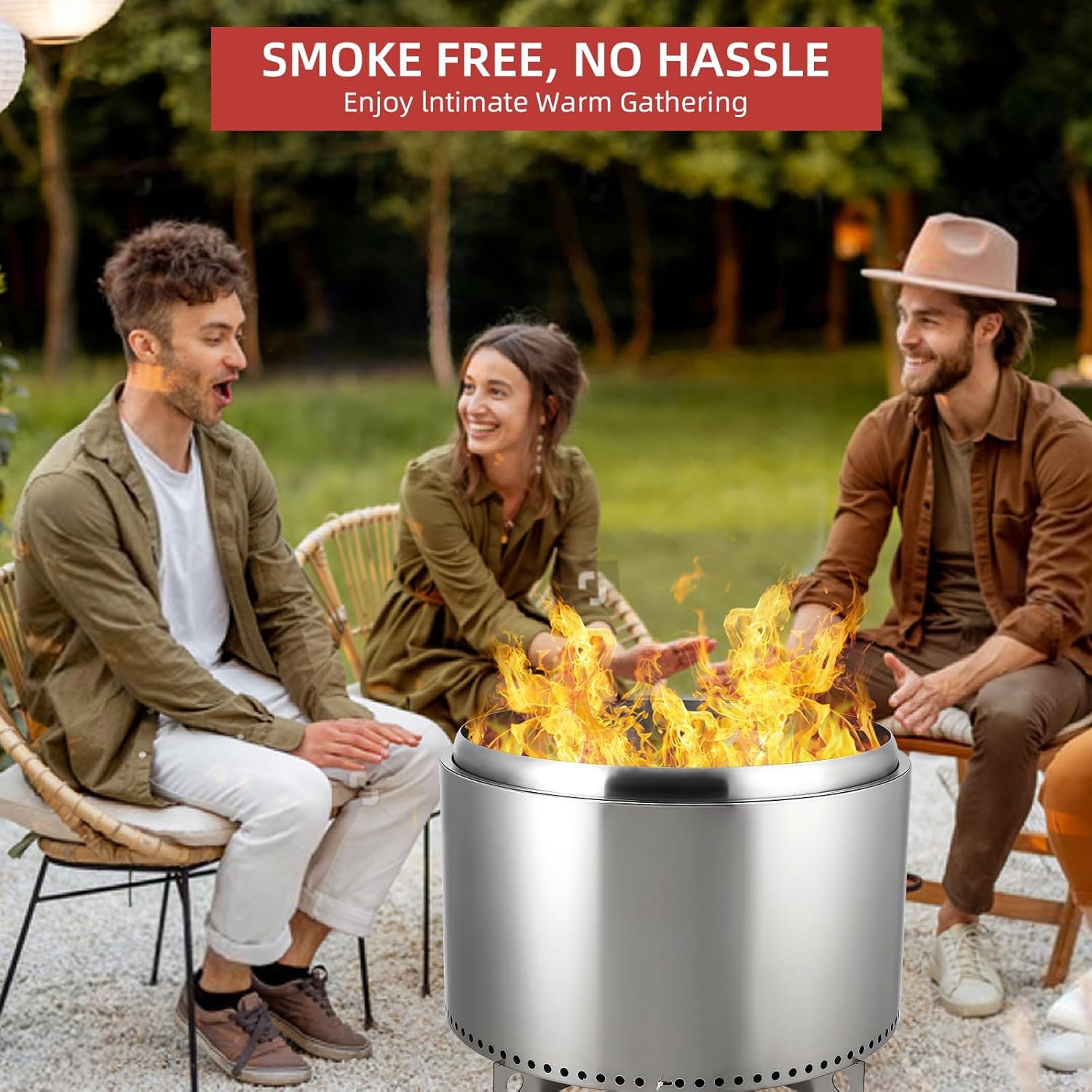 27 Inch Stainless Steel Smokeless Outdoor Fire Pit, Burning Wood, Particles,Coal, Removable Stand and Ash Pan, Perfect for Bonfire, Camping, Picnic, Family Gatherings for Garden