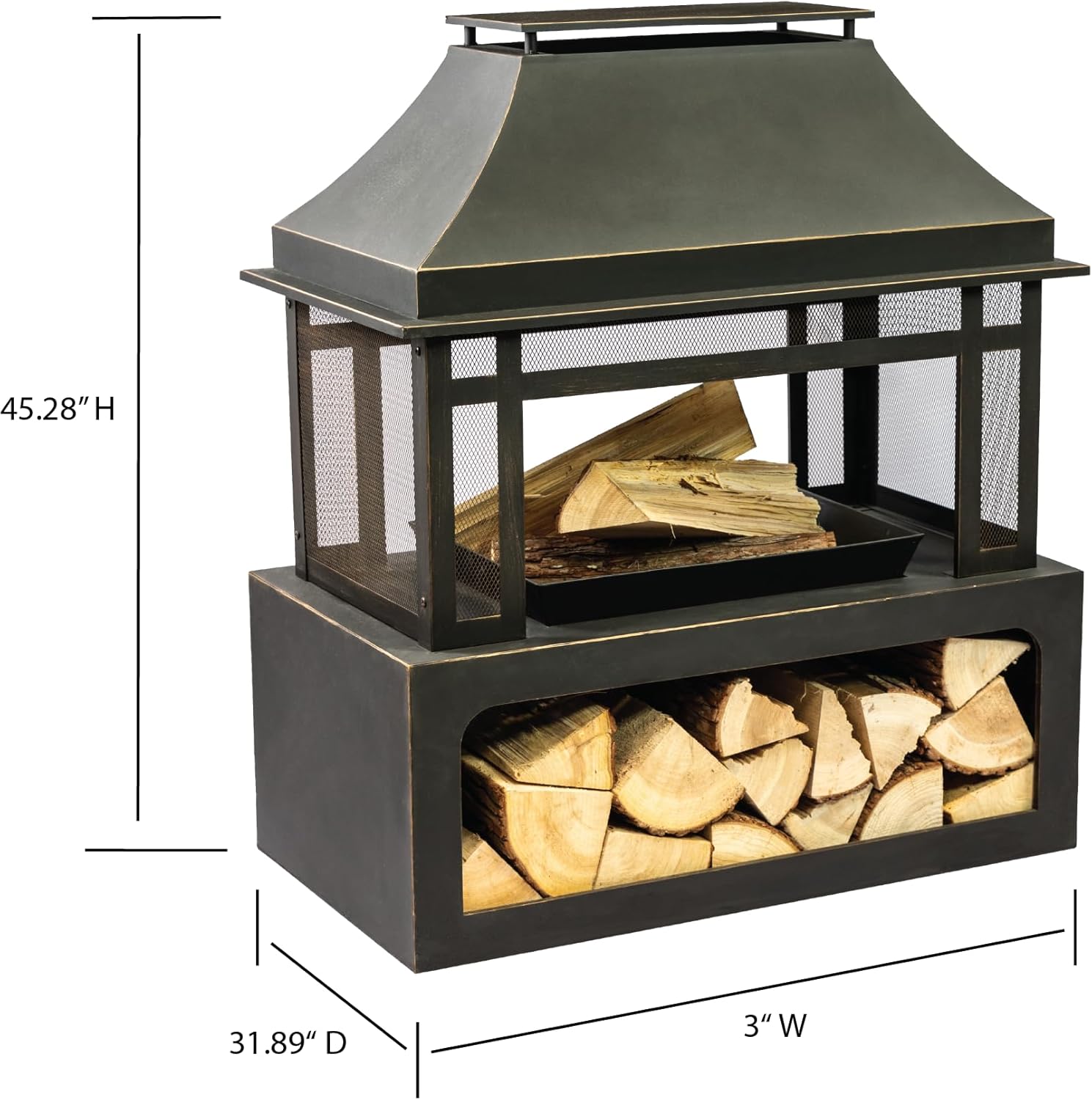 Outdoor Wood Burning Fireplace with Wood Storage and Removable Fire Grill - 40 Inch Large Metal Wicker Base Fire Pit for Patio Garden Deck Backyard, Black