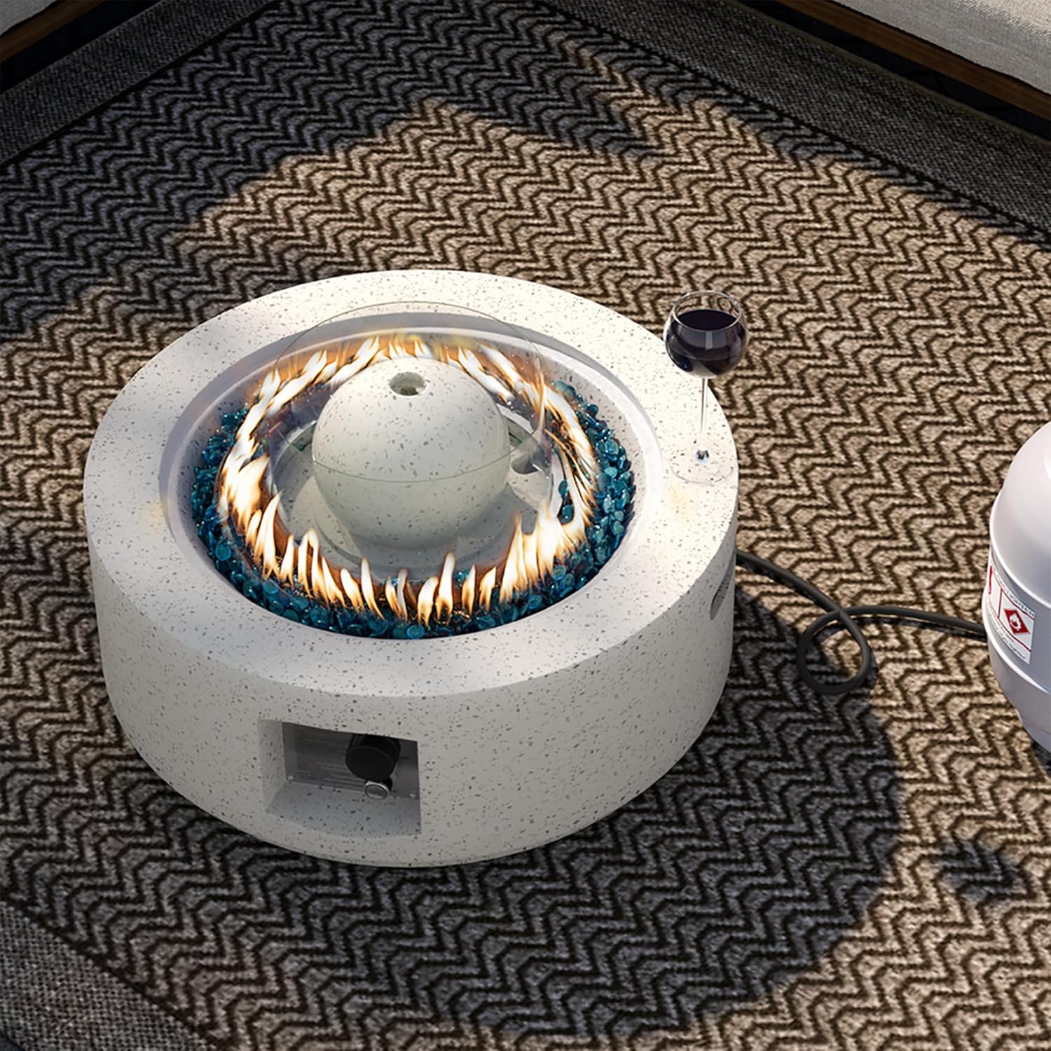 SUNBURY Outdoor Propane Fire Pit, Round Gas Fire Pit, 50,000 BTU 29 Inch Patio Fountain Fire Table Garden Decoration Concrete Gas Fire Table w Waterproof Cover, Blue Fire Glass, Spotted White