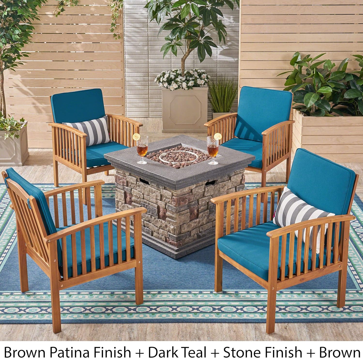 Great Deal Furniture GDFStudio Outdoor 4-Seater Acacia Wood Club Chairs with Firepit, Brown Patina Finish and Dark Teal and Stone