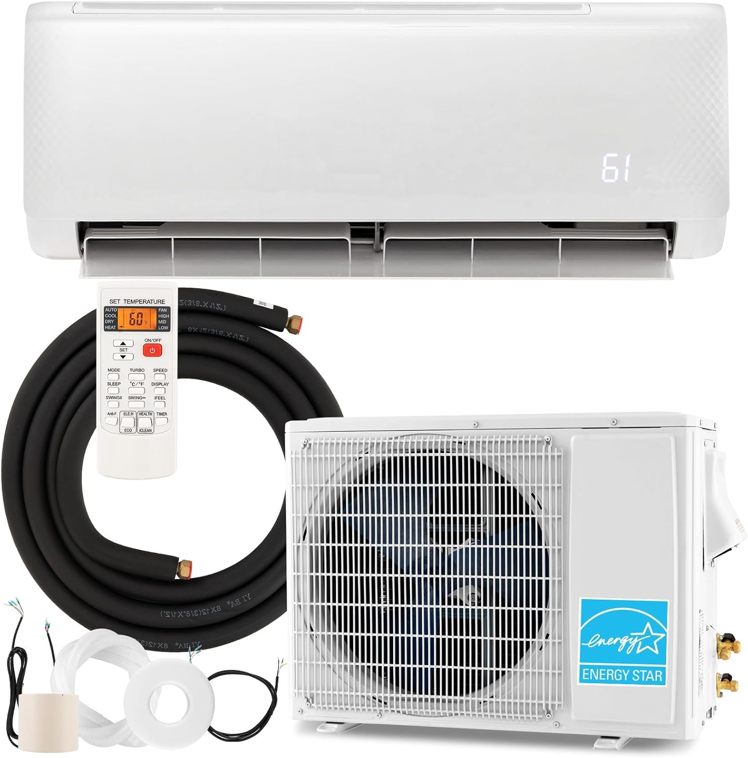 KOTEK 18000 BTU Mini Split AC/Heating System, Energy Star 21 SEER2 Inverter Ductless AC Unit, Cool Up to 1250 Sq.Ft, Air Conditioner w/1.5 Ton Heat Pump/Installation Kit(18000 BTU, 208-230V, 21 SEER2)