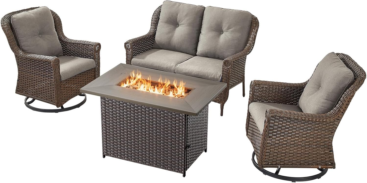 Patio Resin Wicker Furniture Set with Fire Pit Table, 4PCS PE Rattan Conversation Set with Outdoor Fire Table, Brown Wicker Swivel Patio Chairs with Loveseat and Propane Fire Table