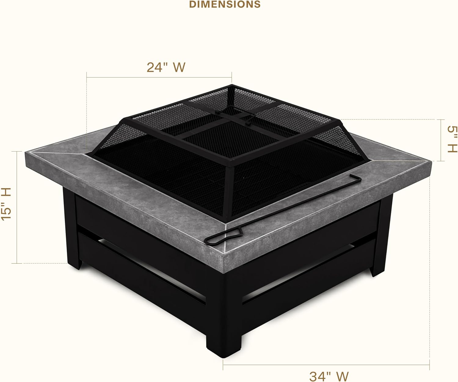 Honeycomb Outdoor Edisto Wood Burning Fire Pit with Cover and Poker, Matte Black Frame, Ceramic Tile Tabletop