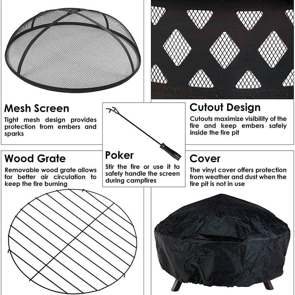Fire Pit Grill Bowl Grill Barbecue Rack Outdoor Fire Pits 36 Inch Large Bonfire Wood Burning Patio & Backyard Firepit with Spark Screen and Cover BBQ Cooking for Camping Backyard