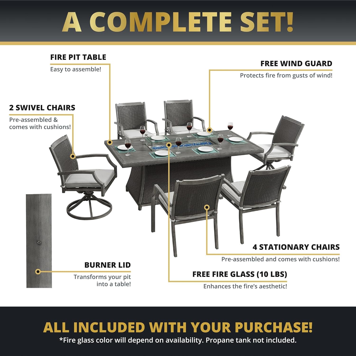 Outdoor Patio Furniture Set With Propane Fire Pit 50,000 Btu 7 Pieces 76