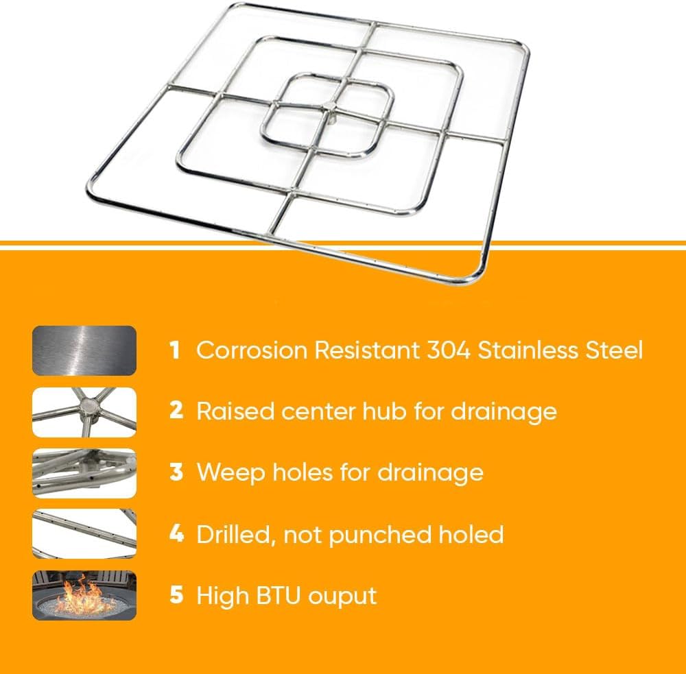 HPC Square Match Lit Fire Pit Burner Kit (FPSSQ36HCKIT-PAN-LP-MSCB) with 48x48-Inch Burner and 56x56-Inch Flat Pan, Propane, Polished Chrome, with Flange, Key, Valve, Flex Line and Fittings