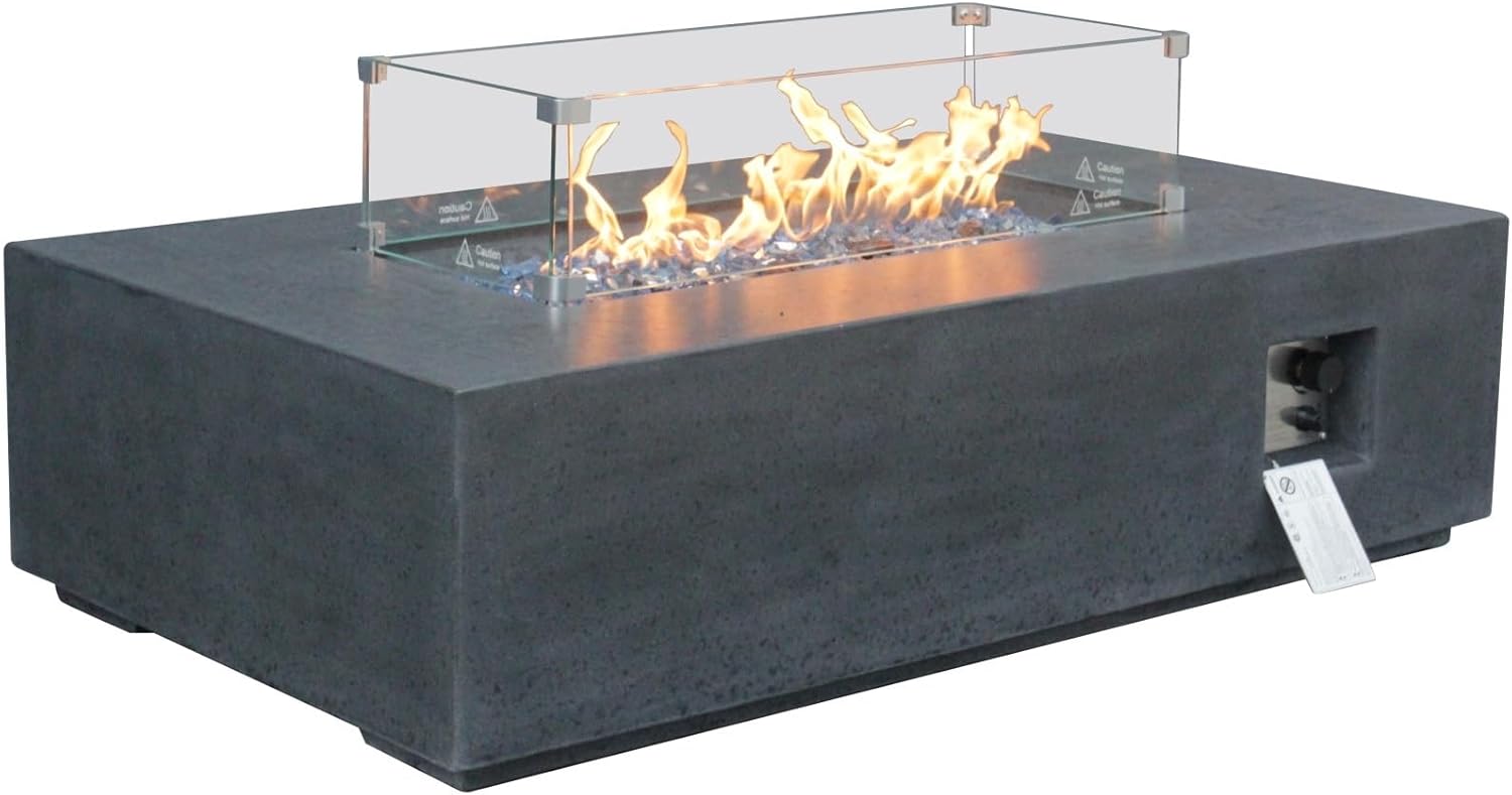 52 Inch Outdoor Concrete Propane Gas Rectangle Fire Pit Table(Black Gray)
