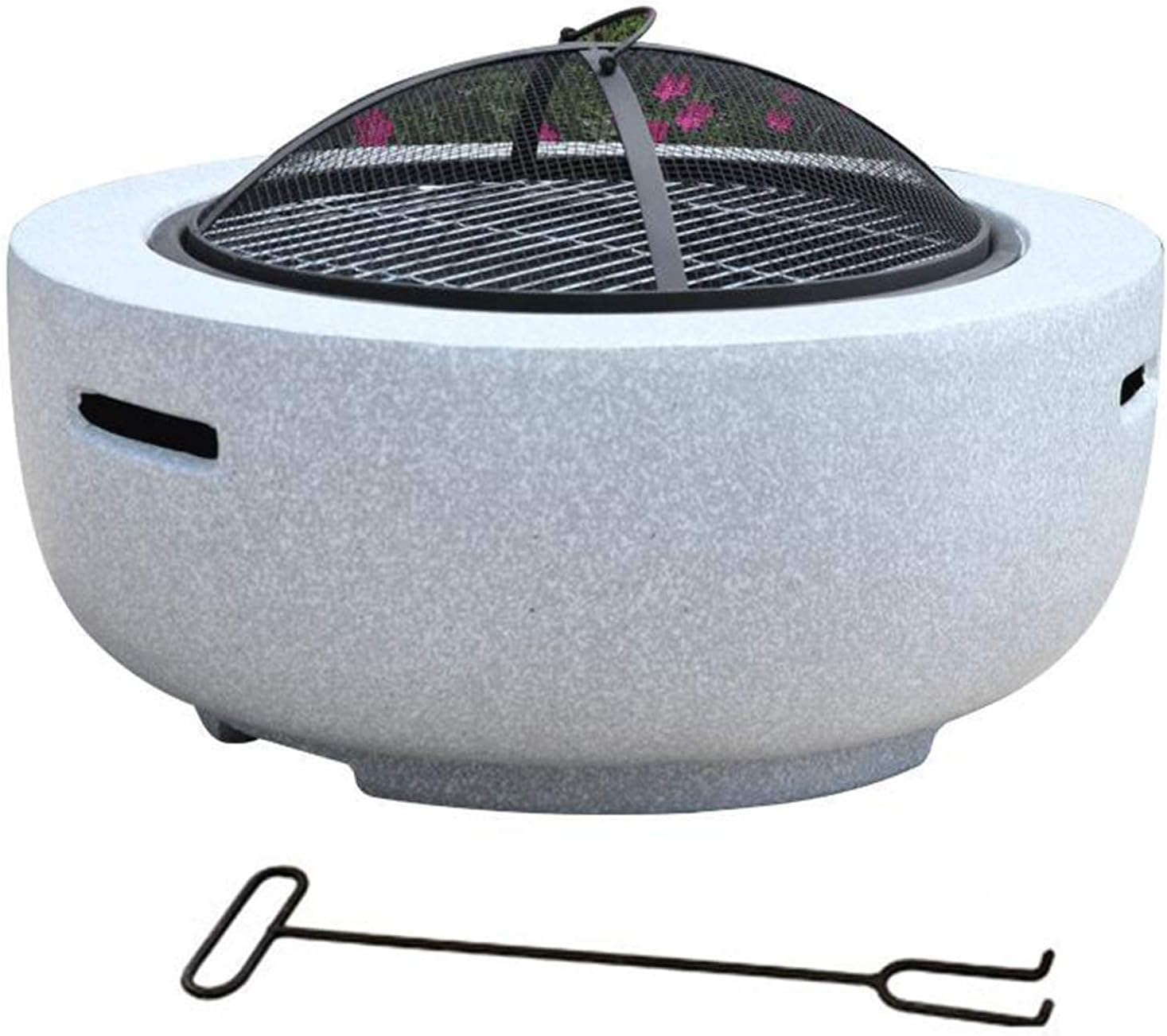 Fire Pit Table with BBQ Grill Shelf, 75cm Magnesium Oxide Artificial Stone Base