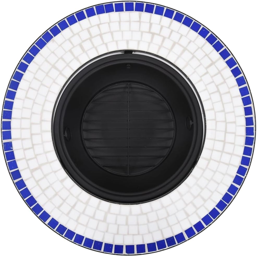 Mosaic Fire Pit Blue and White Steel Fire Pit Bowl with Grid and Tabletop for Outdoor Heating and BBQ Use 26.8