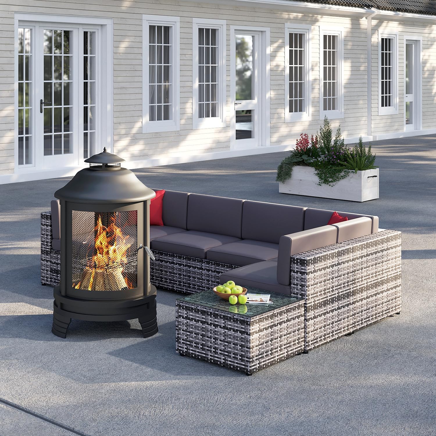 oneinmil 8-Piece Outdoor Furniture Set, with Large Fire Pit Chiminea, 2 in 1 Fire Pit for Outdoor, Wicker Rattan Sectional Conversation Set, and Coffee Table