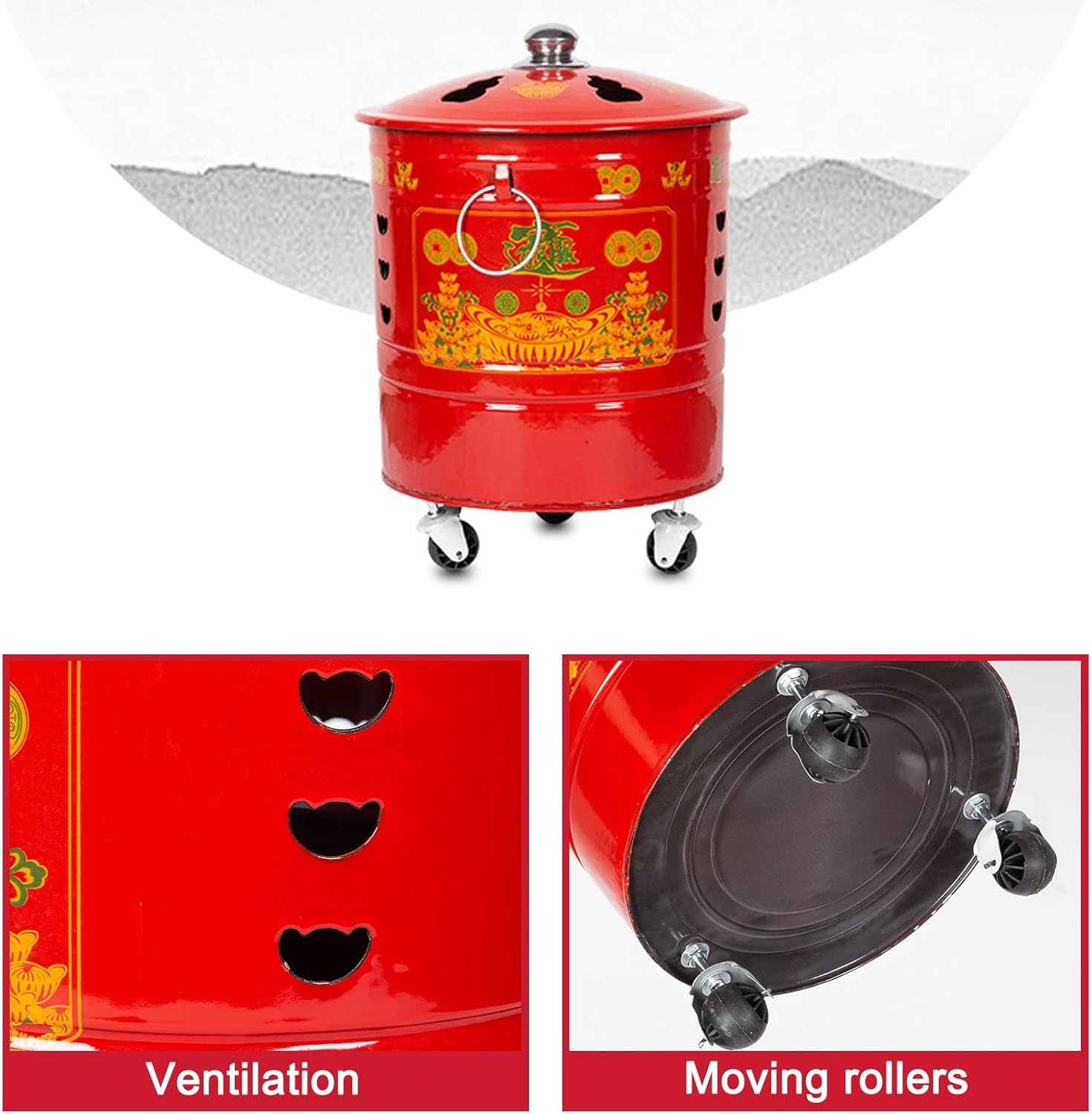 Incinerator, Burn Barrel with Lid, Portable Burn Cage with Wheels, Metal Fire Pit, Trash Burning Containers with Grid Support(33.5cm/13in)