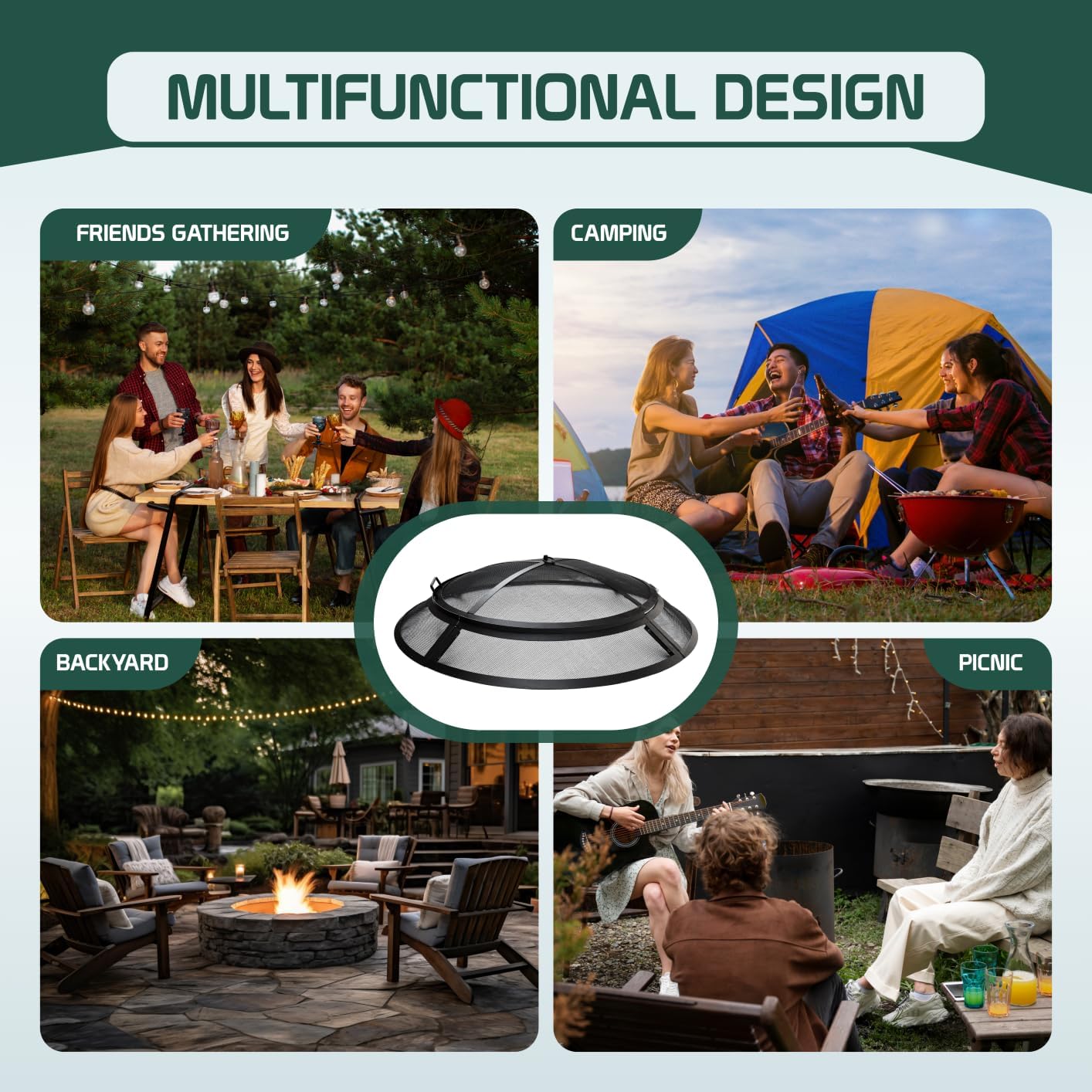 FEBTECH - Fire Pit Spark Screen 30 inch - Heavy Metal Outdoor Fire Pit Screen Cover Round with Hook for Easy to Lift fire Pit Screen 30 inch Round, firepit Replacement Screen & Fire Pit Insert, Black