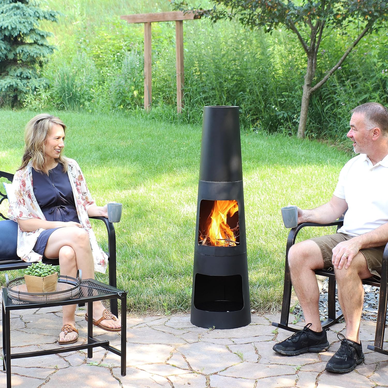 Sunnydaze Chiminea Outdoor Fireplace - Chiminea Fire Pit with Poker and Cover - Outdoor Wood-Burning Fire Pit - Black