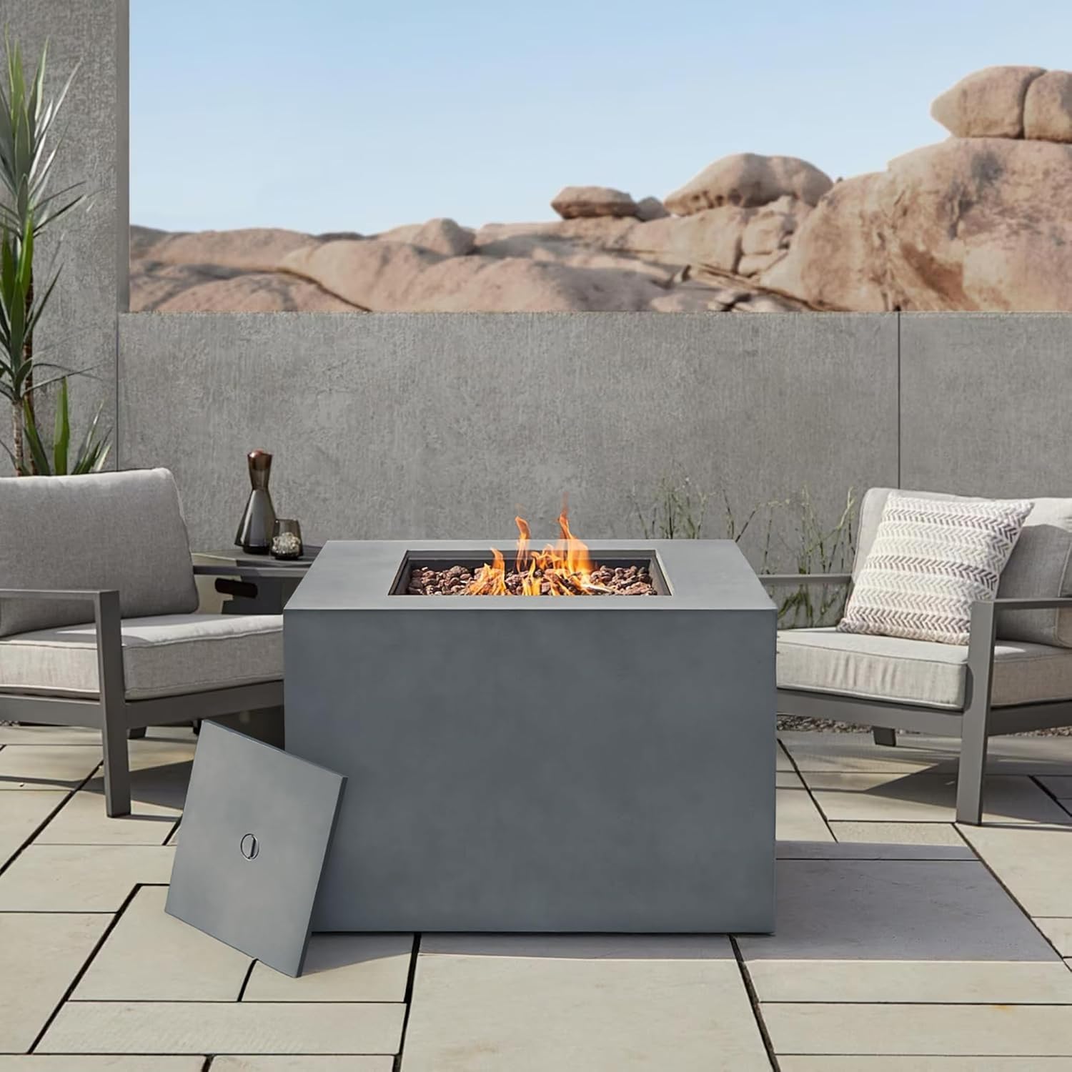 32 Inch Outdoor Fire Pit Table, 50,000 BTU Square Propane Fire Pit with Lid, Lava Rocks, Weatherproof Cover, Alloy Steel Gas Fire Pits for Outside Patio, CSA Certified, Gray