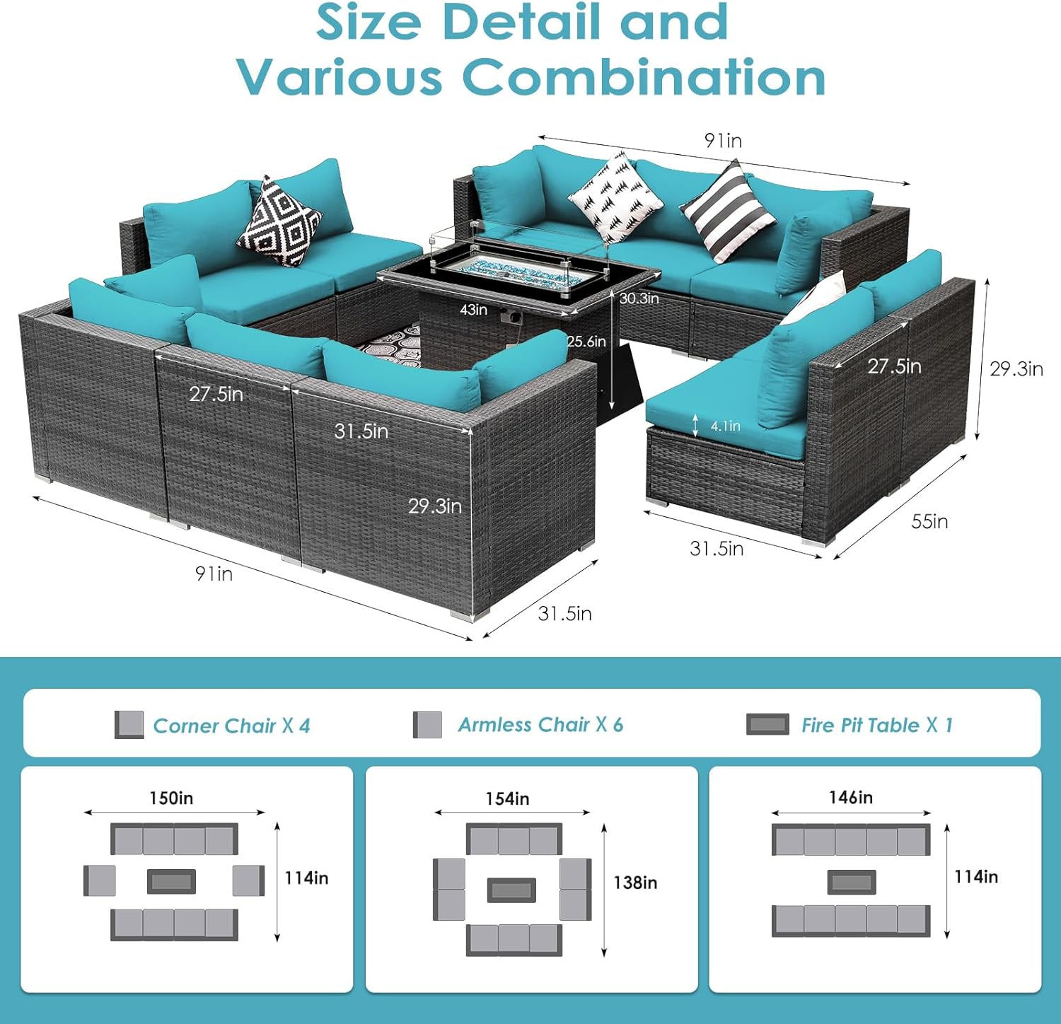 RADIATA 11 Piece Patio Furniture Sets with Firepit, Exra Large Size Outdoor Sectional and Fire Pit with Comfy High Back Deep Wide Seating for 10 People, All-Weather Non Fading Durable, Grey&Sky Blue