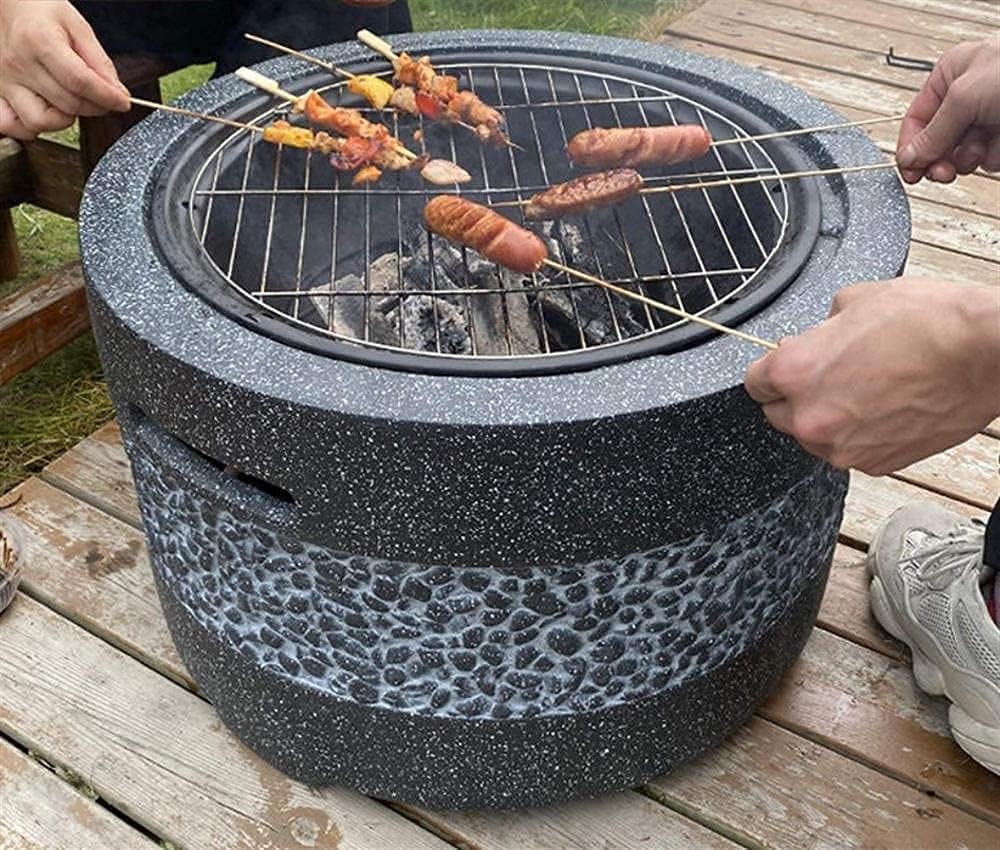 Large Fire Pit Fire Bowl with Grill Gray Cast Iron Brazier Heater Multifunctional Camping Bowl BBQ for Backyard,Camping,Picnic,Bonfire,Garden