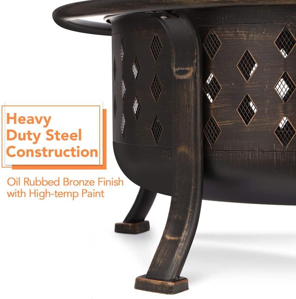 36 Inch Fire Pit Outdoor Wood Burning Fire Pits Heating Large Steel BBQ Grill Firepit Bowl for Winter with Cooking Grate