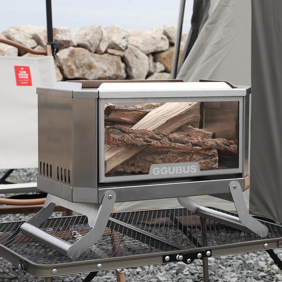 GGUBUS Stainless Steel Dual Stove XL – Foldable Camping Fire Pit with Tempered Glass Panel Option, 2-in-1 BBQ Grill & Bonfire, Tool-Free Assembly, Carrying Case (Tempered Glass Panel Only)