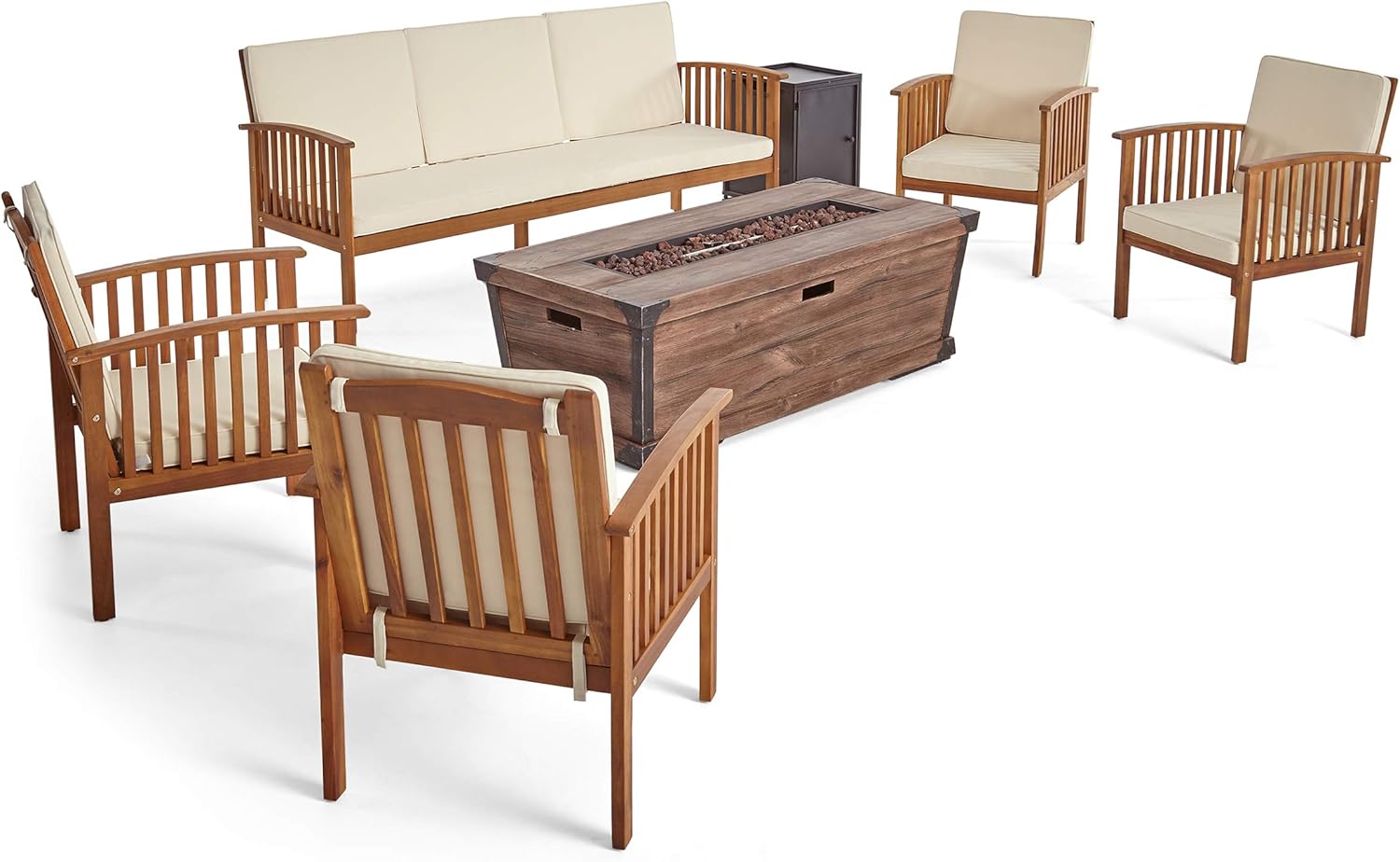 GDFStudio Marjory Outdoor 5 Piece Acacia Wood Conversational Set with Cushions and Fire Pit, Teak with Cream and Brown