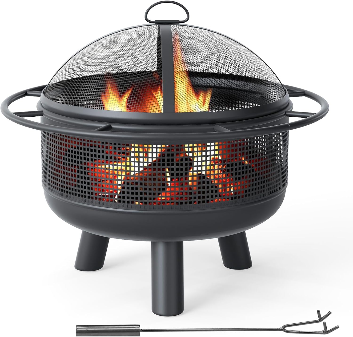 Tangkula Fire Pit for Outside Wood Burning, 24 Inch Heavy-Duty Metal Fire Bowl with Spark Screen, Poker, Log Grate, Portable Outdoor Round Fire Pit for Camping Bonfire Patio Backyard Garden