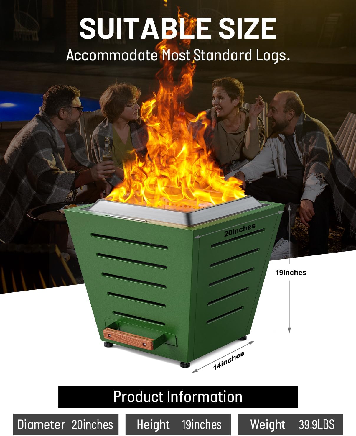 20 Inch Smokeless Fire Pit Stainless Steel Wood Burning Fireplace Portable Outdoor Fire Pit Patio Smokeless Firepit with Pull-Out Ash Tray and Handles, Green