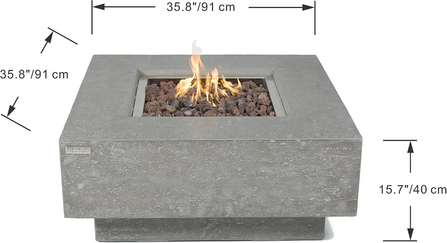 Elementi Manhattan Gas Fire Pit Bundle Concrete Fire Table, Outdoor Fire Pit Electronic Ignition | Canvas Cover, Lava Rock Included | Free AMS Wind Guard | Light Gray (Propane Gas)