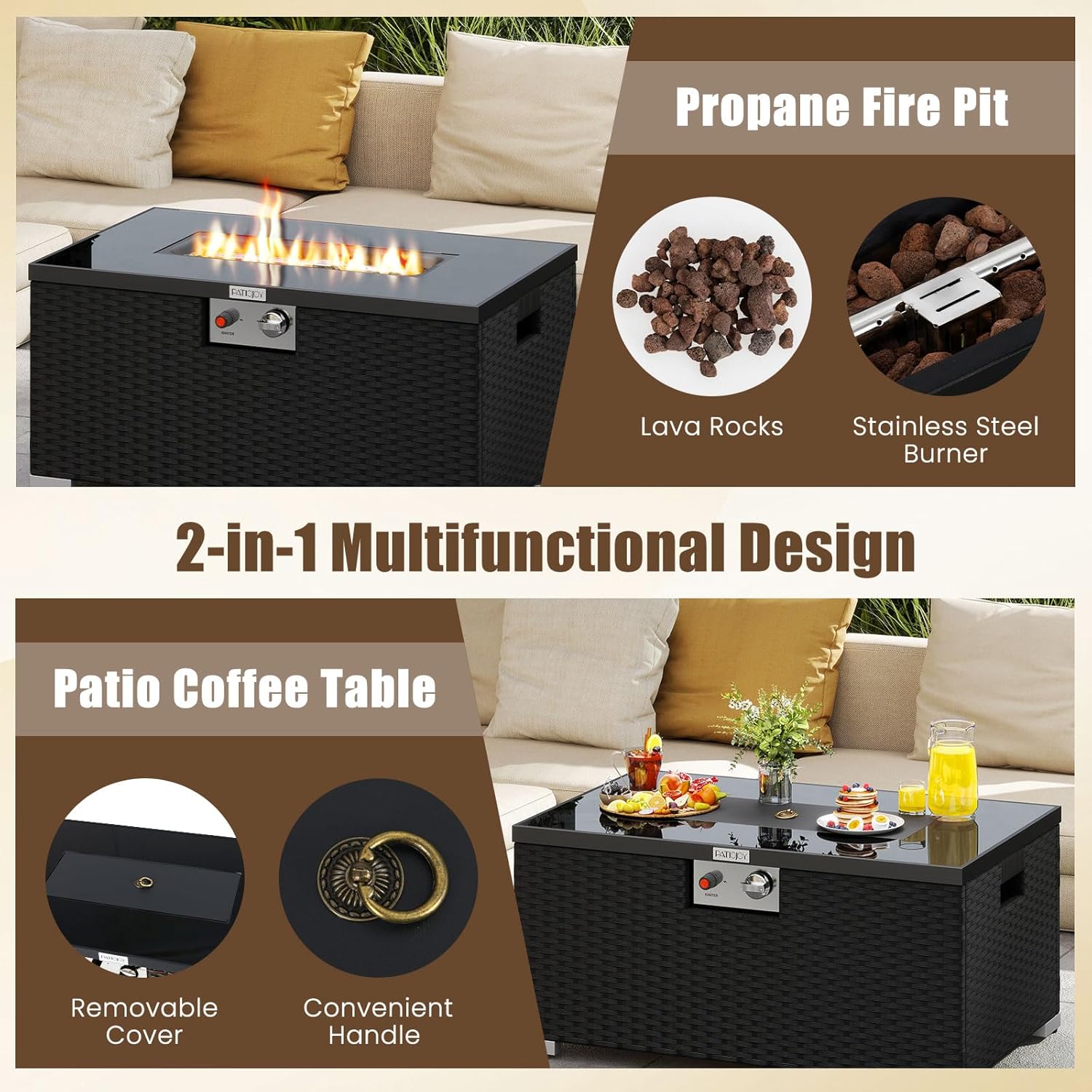Tangkula 2 Piece Propane Fire Pit Table Set with Tank Cover, Outdoor Rattan Gas Firepit with Lid, Tempered Glass Tabletop, Protective Cover, 40,000 BTU Rectangle Fire Table Set for Outside (Black)