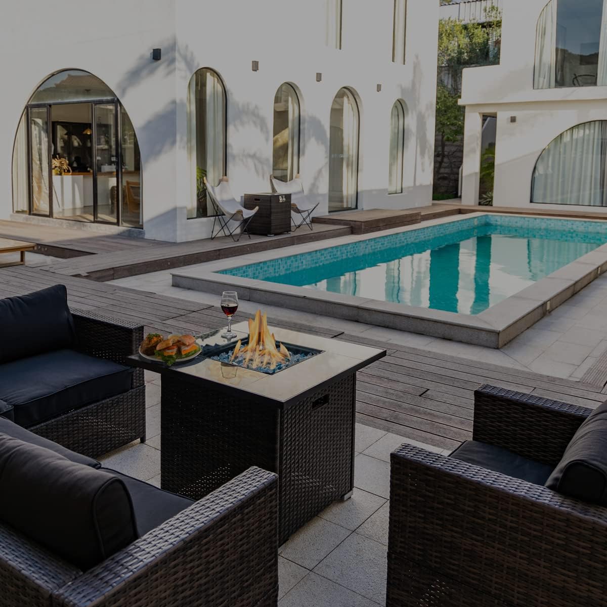 30'' Propane Fire Pit Table, Marble Textured Ceramic Tabletop, 50,000 BTU Fire Table with Brown Wicker, Mix Color Glass Rocks, Including Lid&Cover, Square