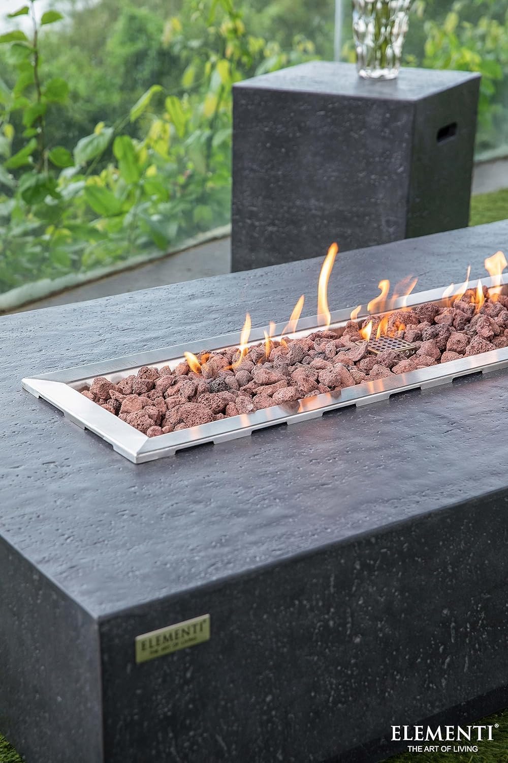 Elementi Hampton Gas Fire Pit Bundle Concrete Fire Table, Outdoor Fire Pit Electronic Ignition | Canvas Cover, Lava Rock Included | Free AMS Wind Guardt | Dark Gray (Propane Gas)