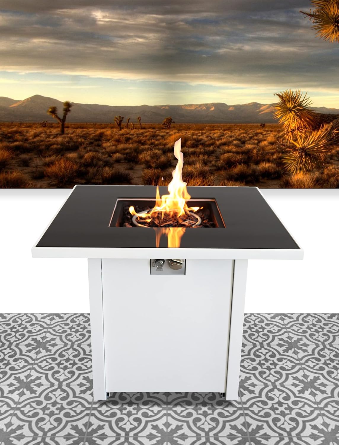 30 Inch White Steel Propane Fire Pit Table - Outdoor Patio Heater, Resort-Grade - Push-Button Ignition