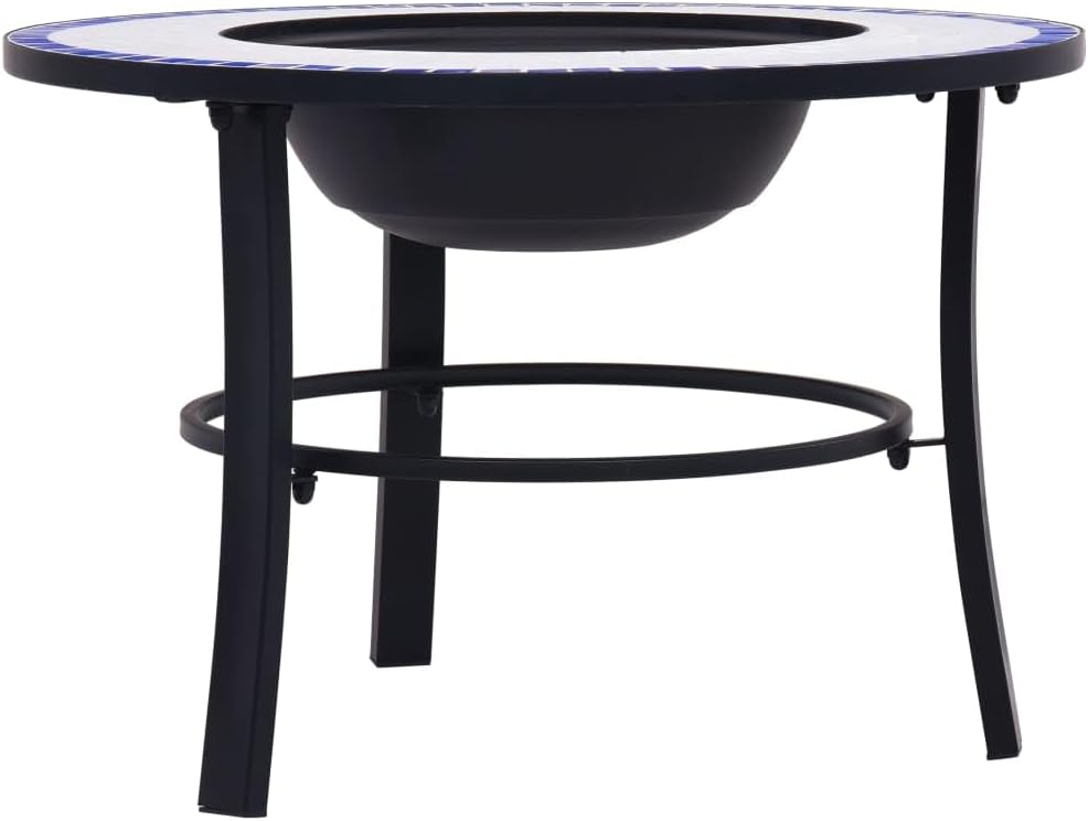 Mosaic Fire Pit Blue and White Steel Fire Pit Bowl with Grid and Tabletop for Outdoor Heating and BBQ Use 26.8