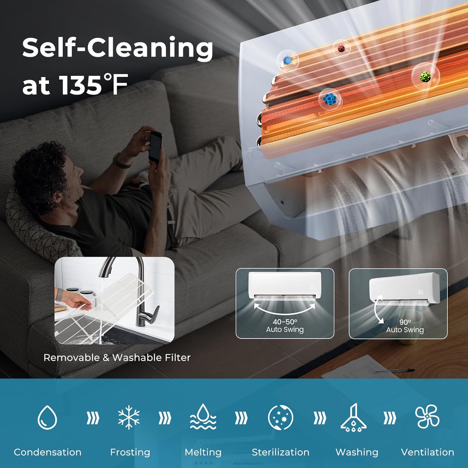 KOTEK 18000 BTU Mini Split AC/Heating System, Energy Star 21 SEER2 Inverter Ductless AC Unit, Cool Up to 1250 Sq.Ft, Air Conditioner w/1.5 Ton Heat Pump/Installation Kit(18000 BTU, 208-230V, 21 SEER2)