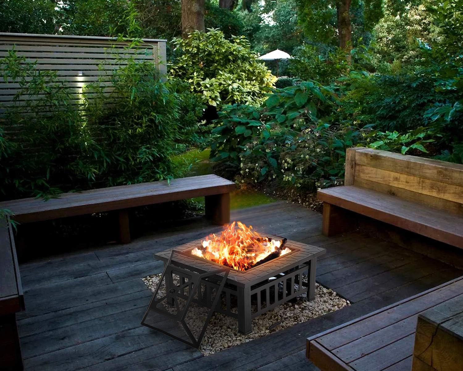 Outdoor Fire Pit 32 inch Square Metal Firepit for Patio Wood Burning Fireplace Garden Stove with Poker & Mesh Cover,Charcoal Rack for Camping Picnic Bonfire Backyard