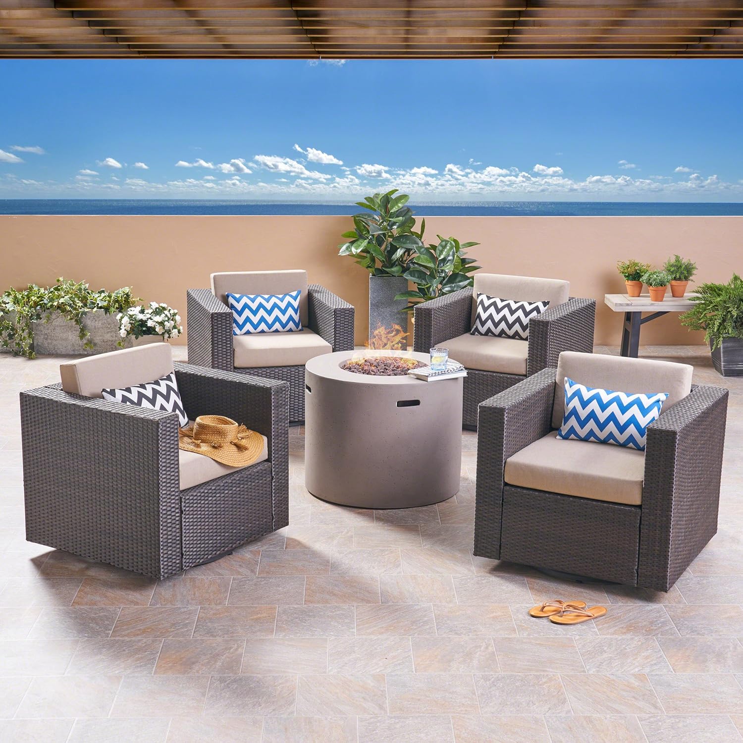 GDFStudio Outdoor 4 Piece Swivel Club Chair Set with Round Fire Pit, Dark Brown and Light Gray