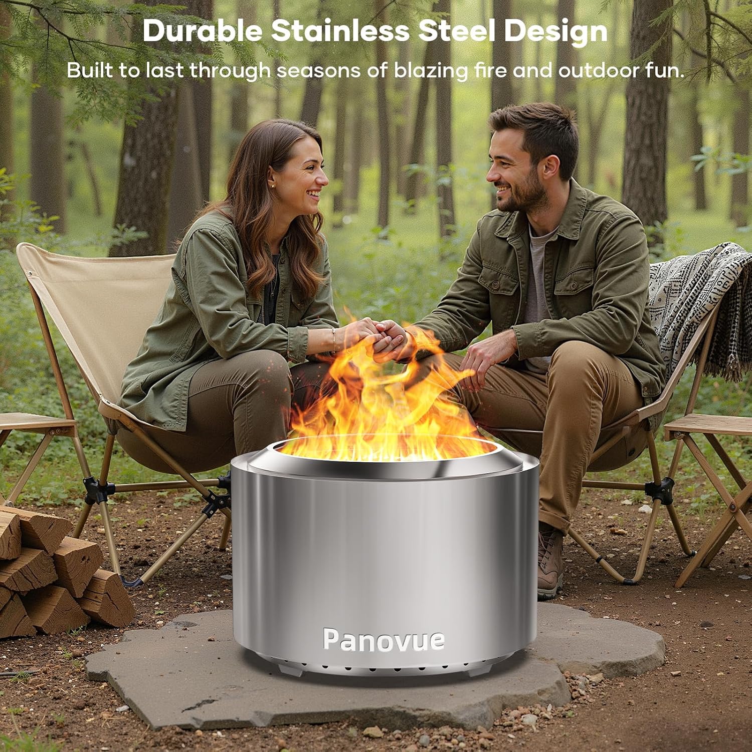 22 Inch Smokeless Fire Pit, Stainless Steel Wood Burning Outdoor Firepit for Outside Patio, Backyard, Camping and Outdoor Gatherings,Outdoor Fire Place with Removable Ash Pan