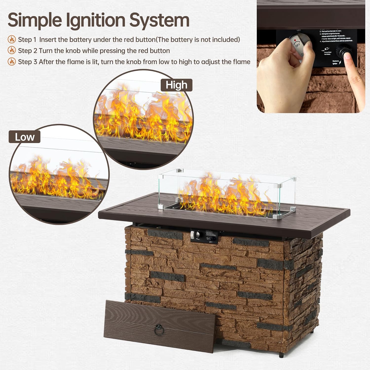 PIZZELLO 43 Inch Propane Fire Pit Table Outdoor Stone Firepit Rectangular 50000 BTU Propane Fire Tables for Outside Patio with Wind Guard, Table Lid, Fire Beads, Cover, Pizzello Caldo (Brown)