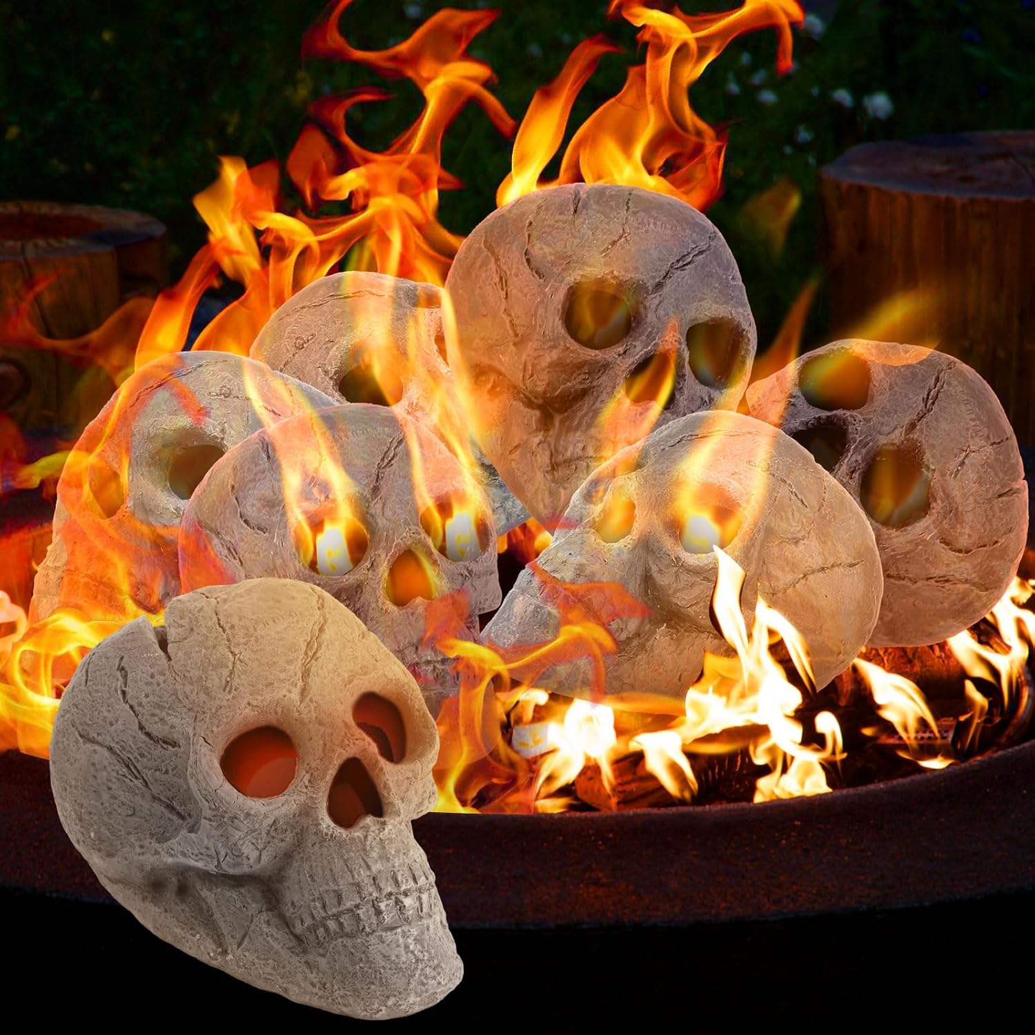 Zhehao 6 Pack Ceramic Fire Pit Skulls, 9 Inch Imitated Human Fireproof Skulls Bonfire Accessories Fake Logs Reusable Skull Firepit Stones for Outside Halloween Decor for Propane Wood Fires (Gray)