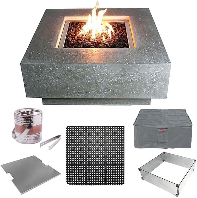 Elementi Manhattan Fire Pit Bundle Outdoor Firepit Set Includes 36” Natural Gas Concrete Firepit Table, Glass Windscreen, Stainless Steel Cover, Canvas Cover, Floor Mat, Ice Bucket