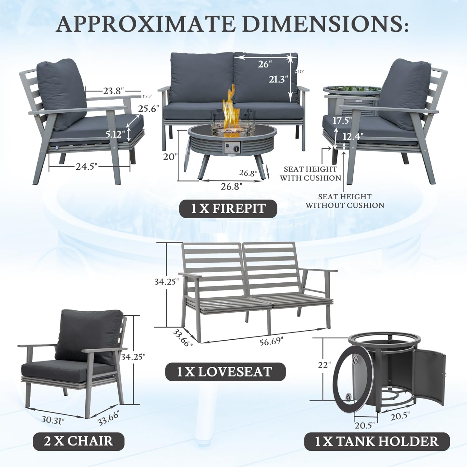 LeisureMod Walbrooke Modern Aluminum 5-Piece Patio Conversation Set with Outdoor Round Fire Pit Slats Design & Side Table Tank Holder, Charcoal