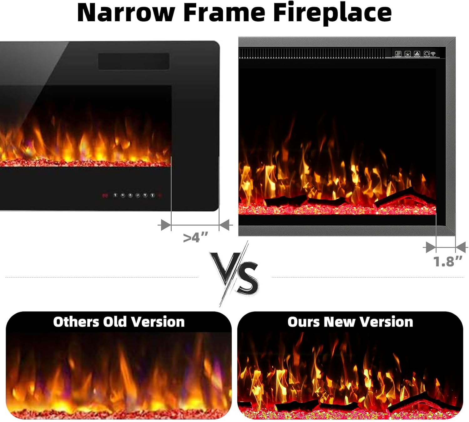 50 Inch Electric Fireplace Aluminum Frame-Ultra Silm Fireplace Recessed/Wall Mount, Log, Driftwood & Crystal Option, Wall Fireplace Electric w/Remote Control, Thermostat, Timer, 750w/1500w