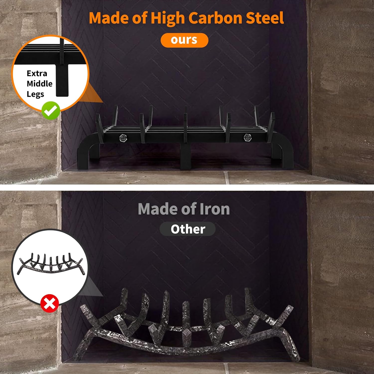 Fireplace Grates 26.9 inch Fire Place Grate Heavy Duty High Carbon Steel Fireplace Log Grate for Indoor Outdoor Firewood Stove Log Holder Rack Wood Burning Fireplace Accessories