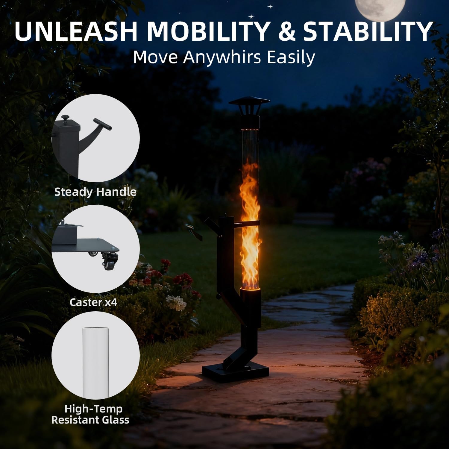 Eco Flame Smokeless Wood Pellet Fire Pit & Patio Heater, Portable Outdoor Rocket Stove with Glass Tube and Ash Tray for Backyard, Camping, Beach, Garden - Stainless Steel Premium