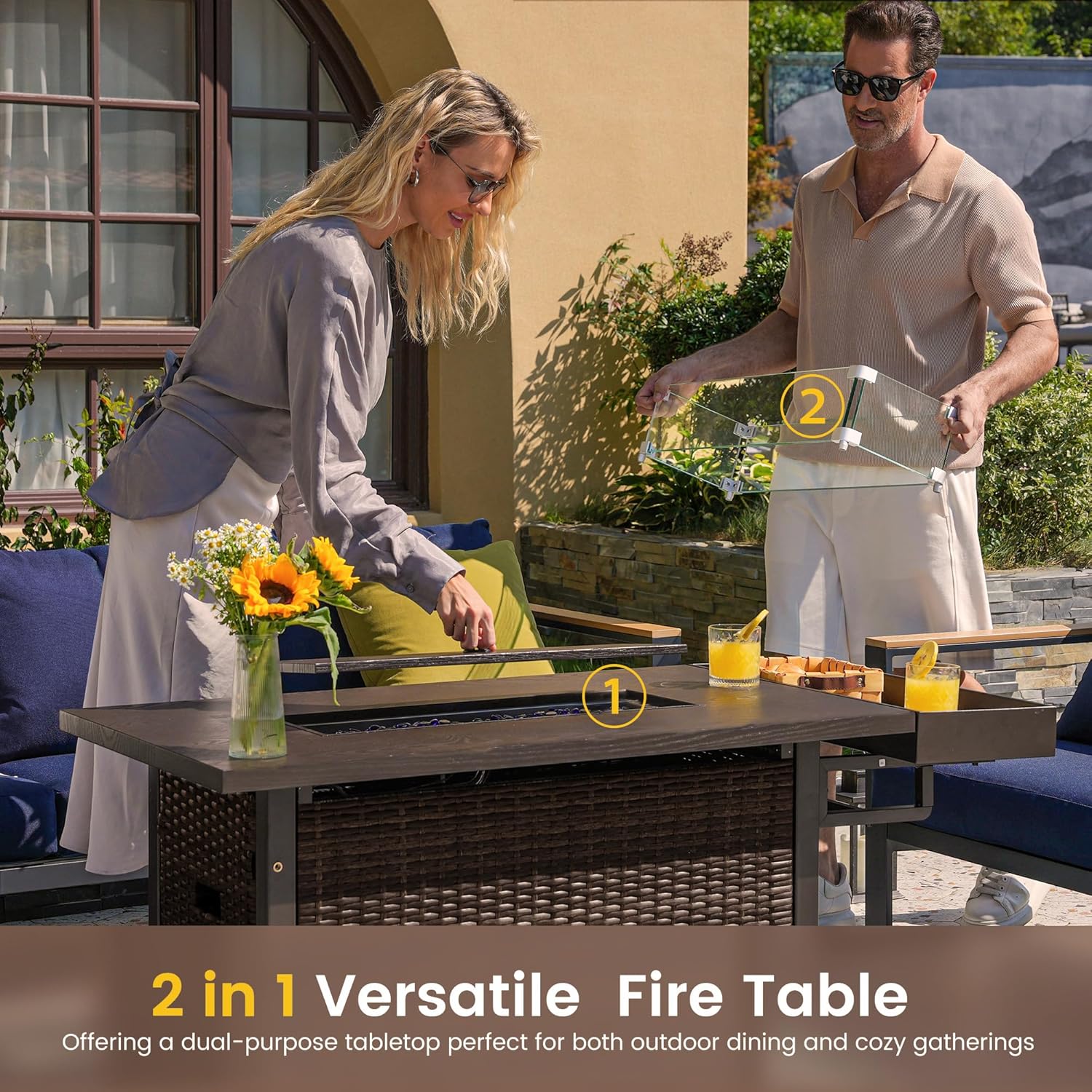 Sundale Outdoor 52 Inch Outdoor Fire Pit Table, 50,000 BTU Propane Fire Pits with Storage Shelf, Glass Wind Guard and Lid, Wicker Patio Gas Fire Pit for Outside Patio and Garden, CSA-Listed(Brown)