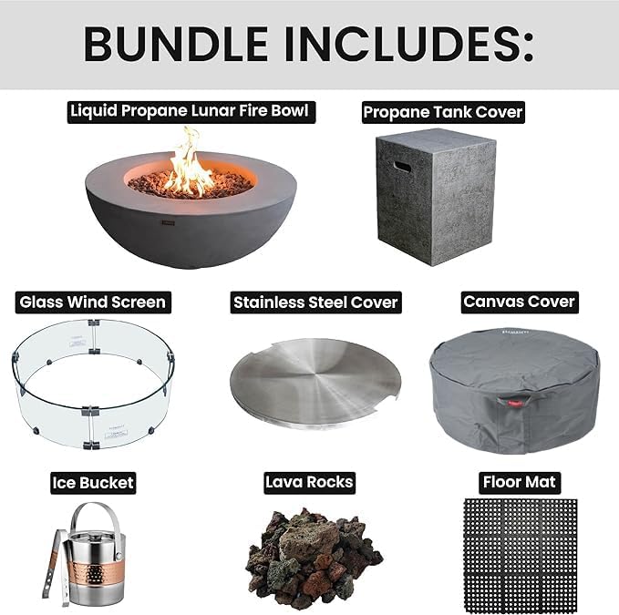 Elementi Lunar Bowl Fire Pit Bundle Outdoor Firepit Set Includes 42” Propane Concrete Firepit, Glass Windscreen, Stainless Steel Cover, Tank and Canvas Cover, Floor Mat, Ice Bucket