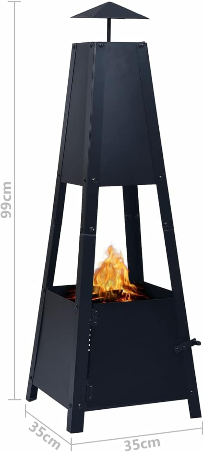 Fire Pit, Pyramid Shape with 4-Leg Stand, 13.8in x 13.8in x 39in, Powder-Coated Steel, for Outdoor and Minimalist Settings