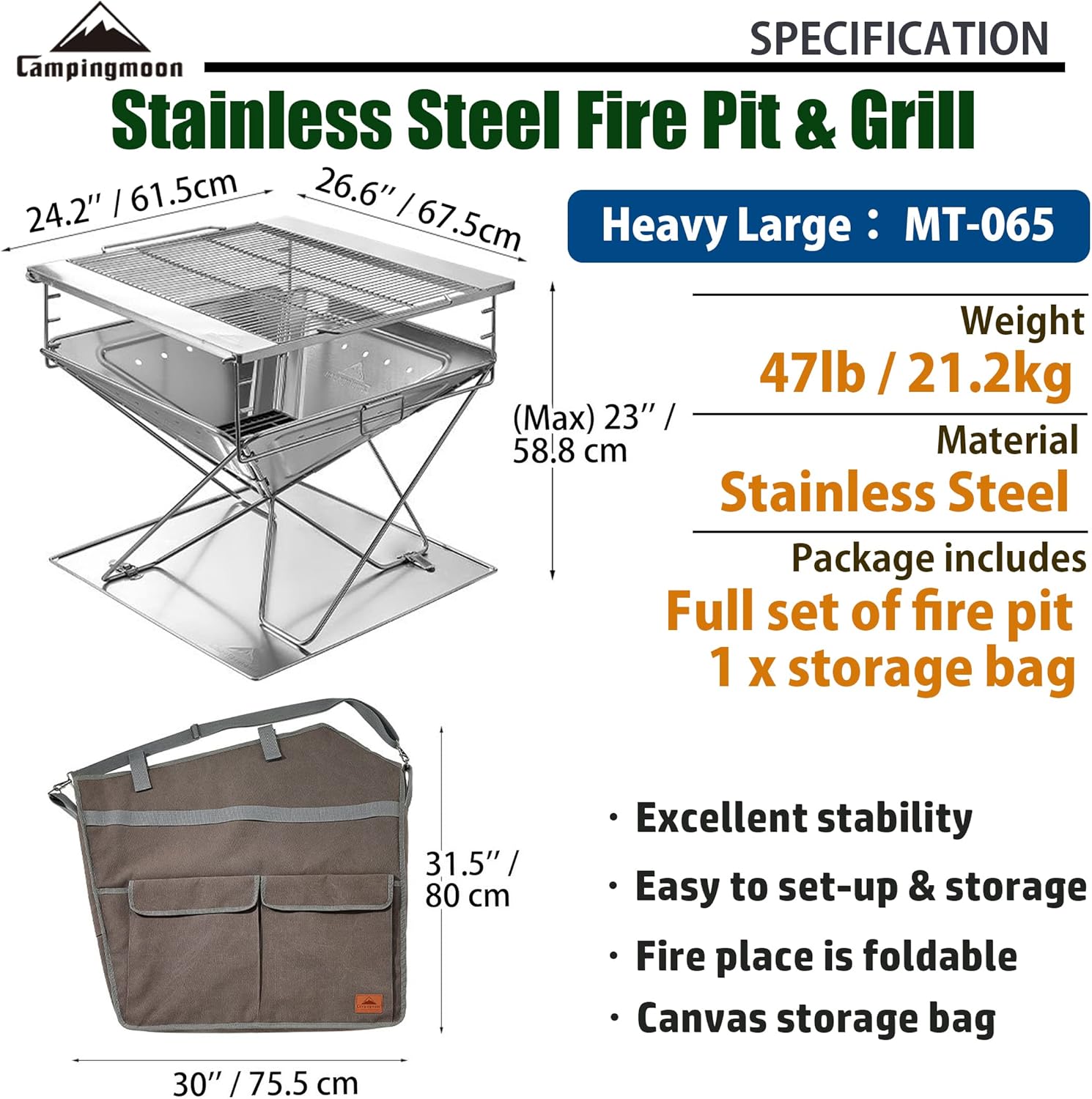CAMPINGMOON Foldable Fire Pit Charcoal Grill Wood Burning Heavy Large 24-inch Stainless Steel with Duty Storage Bag MT-065