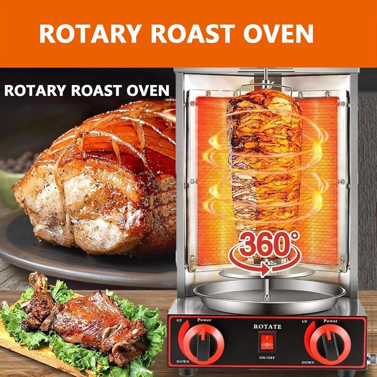 Vertical Grill Rotisserie, Electric Doner Kebab Machine with 2 Burners, Dual Control Heating/360° Rotatable/Double Rows of Cooling Holes, for Family Gathering