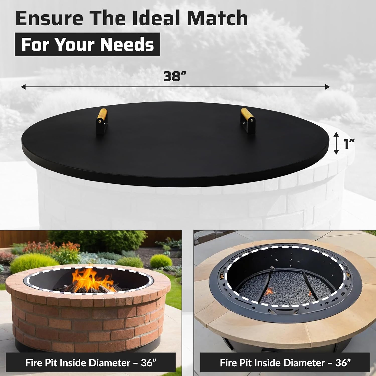 FEBTECH Fire Pit Shield 38 Inch - 16 Gauge Heat Resistant Coated Carbon Steel Fire Pit Burner Pan Cover Round with 2 Wooden Handles - Compatible with Fire Pits Inside Diameter Up to 36